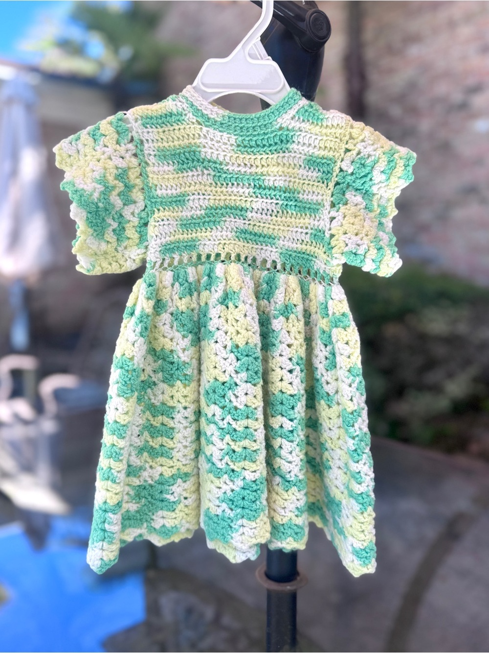 Rare Handmade Crochet Girl’s Summer Dress in Green & Cream